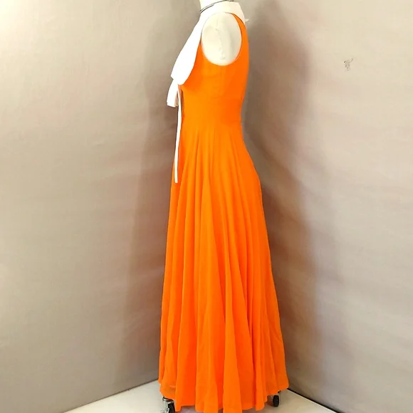 Bright Orange 70s Vintage Maxi Dress Gown Sexy Plunge Neckline Circle Skirt Sz 6